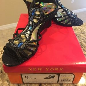 NY Transit black snake print strap wedge sandal